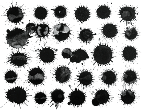 An abstract pattern features numerous textured, dark circular shapes with spiky outlines on black backdrop