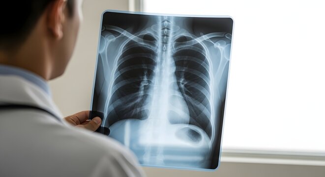 A doctor examines a chest X-ray showing signs consistent with pneumonia.