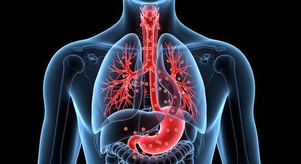 3D medical illustration depicting pneumonia in the human respiratory system, characterized by red particles within the lungs and airways.