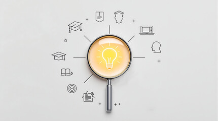 Fototapeta premium Education and learning concept with lightbulb and magnifying glass for knowledge and skill development