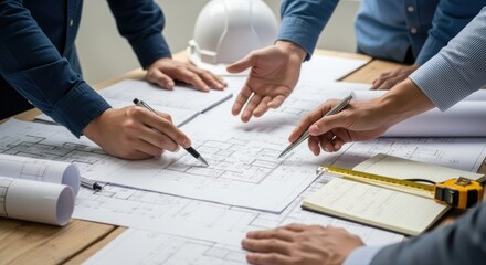 Engineers working on a blueprint in an office setting.