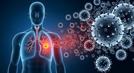 An anatomical illustration of a human torso showing inflamed lungs being infected by numerous viral particles, representing pneumonia.