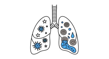 An illustration of human lungs, with one lung showing viral particles and the other showing inflamed alveoli filled with fluid, representing pneumonia.