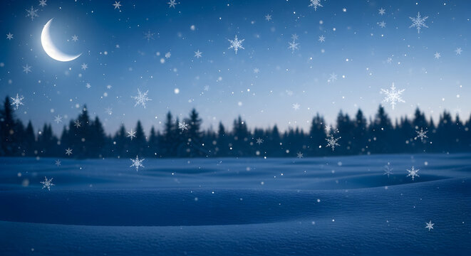 Capture the magic of a winter night with glistening snowflakes falling on a serene landscape under the soft glow of the moon, perfect for holiday greetings