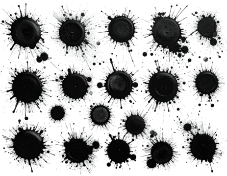 A cluster of stylized black ink blots resembling exploding starbursts on a contrasting dark backdrop