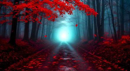 Enchanting autumn forest path with vibrant red leaves leading to a mystical light, perfect for fantasy, adventure, or seasonal designs