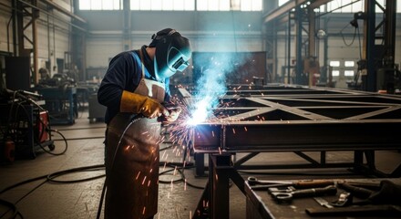 A welder working in a workshop with sparks flying.