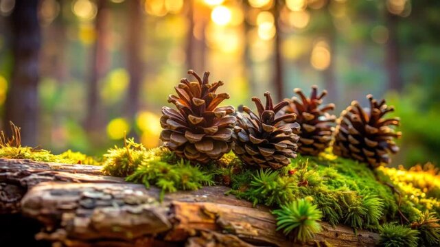 Forest Floor Serenity: Pine Cones and Moss Bathed in Golden Hour Sunlight's Glow