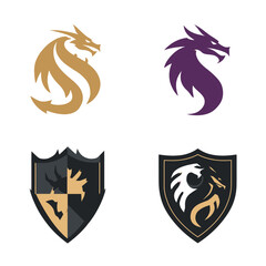 Obraz premium Collection of stylized dragon logo designs and heraldic shield emblems with mythical creature illustrations for fantasy branding