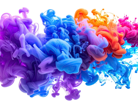 A vibrant explosion of colored liquid clouds, blending and swirling on a black background