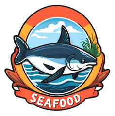 seafood cartoon logo with tuna and ocean vector illustration