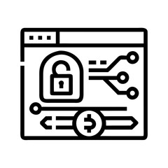 Line art illustration of secure online payment interface with padlock and dollar symbol
