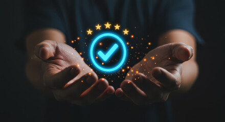Human hands reaching towards glowing blue checkmark symbol of success and approval
