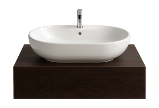 A stylish oval porcelain sink paired with a dark wood vanity for a modern cottage bath.