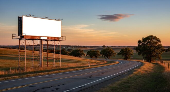 A blank billboard stands on a rural highway at sunset, with a tree and rolling hills in the background.