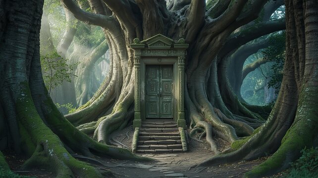 A mystical door within a massive tree with stone steps in an enchanted forest setting with sunlight