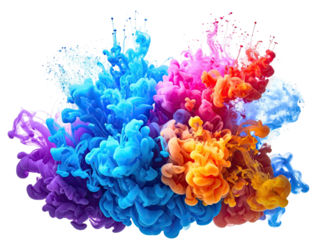 Colorful explosion, vivid cloud-like forms in blues, pinks, oranges, and purples against a black void