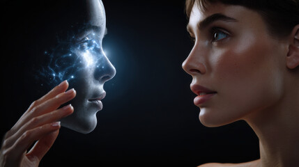 Fototapeta premium Human ai collaboration portrait of woman facing digital face with glowing neural connection expressing wonder