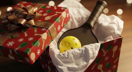 A beautifully wrapped gift box reveals a pickleball paddle and a yellow ball, perfect for playing the popular sport indoors or outdoors. Enjoy your next game