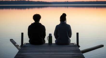 A couple sits together on a wooden dock watching the sunset over a lake. Quiet moment of reflection and companionship during the winter solstice