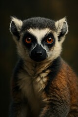 Obraz premium Portrait of a ring-tailed lemur with striking amber eyes, looking directly at the viewer with a curious expression.