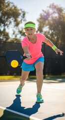 A dedicated player lunges to hit the ball during a lively pickleball match at an outdoor court. Bright sun and clear skies create an energetic atmosphere for this fun sport