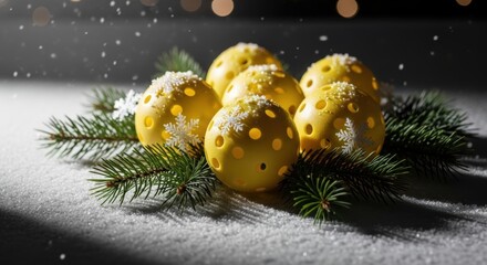A creative display features yellow pickleball balls arranged with pine branches and snowflakes. The festive scene adds a playful touch to winter decor, capturing the spirit of the holiday season