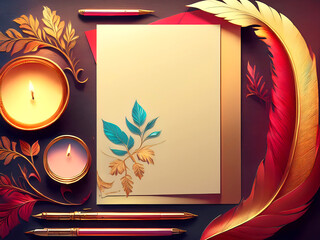 Dramatic Gold Stationery Flat Lay with Candles, Red, and Teal Accents