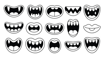 Collection of twelve mouth illustrations with open lips and teeth in a grid pattern on white on transparent background silhouette