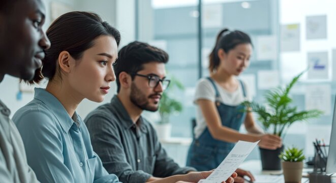Multicultural team of professionals working together in bright modern office. Perfect for diversity, teamwork, and professional content.