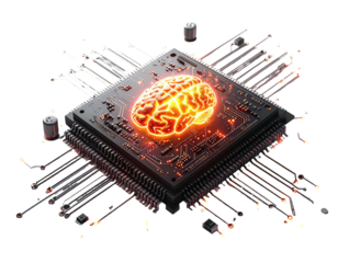 A digital rendering of a glowing brain in place of the core of a circuit board