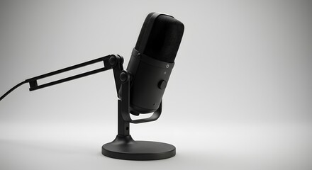 A black microphone stands on a desk with a boom arm against a white background