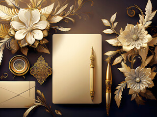 Opulent Gold and White Floral Stationery Flat Lay with Ornate Accents