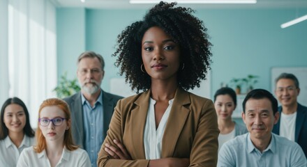 Confident African-American Woman Leading Diverse Team in Modern Office