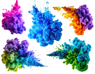 Six vivid plumes of suspended, brightly colored ink against a stark black background