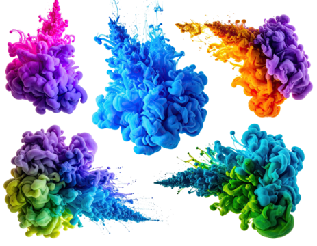 Six vivid plumes of suspended, brightly colored ink against a stark black background