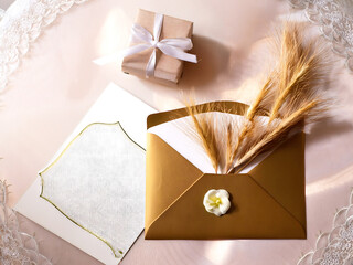 Opulent Gold Card Mockup with Teal Accents and Dark Purple Roses