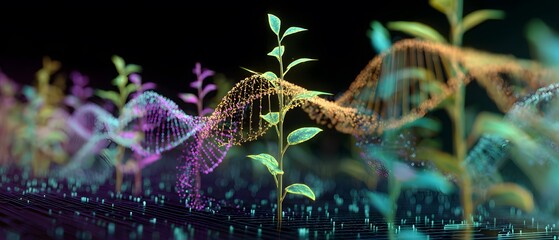 Plants grow with glowing DNA strands in a digital landscape.