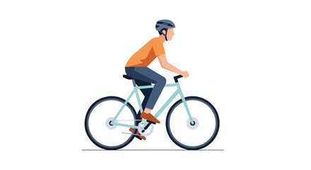 Obraz premium Person in orange t-shirt and blue helmet riding a light blue bicycle on a white background, side profile view, cycling for exercise or transportation, active lifestyle
