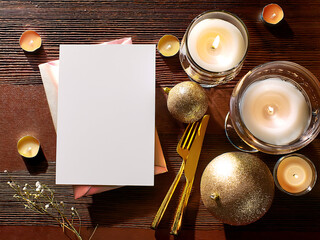 Moody Christmas Dinner Menu Mockup with Gold Ornaments and Candles