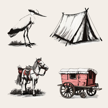 Vintage Hand-Drawn Travel & Nature Collection: Sketch Illustration of Bird, Camping Tent, Pack Horse, and Classic Wagon