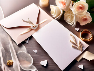 Luxurious Gold Envelope Mockup with Rings, White Roses, and Ribbon