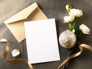 Soft Pink Card Mockup with Roses, Gold Ring, Hearts, and Lace Veil