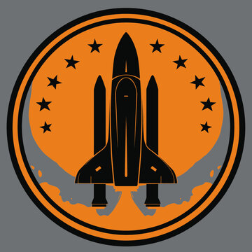 Bold Space Shuttle Launch Emblem with Stars and Planet. Rocket Exploration Graphic Illustration Badge Design.