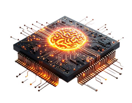 Conceptual 3D illustration of a glowing brain integrated into a computer's central processing unit