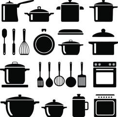 Collection of kitchen cooking utensils pots pans and oven silhouettes set