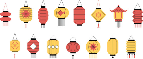 Set of 15 Traditional Chinese Lantern Vector Illustrations in Red and Yellow for Festival, Decoration, Celebration, and Cultural Design Projects