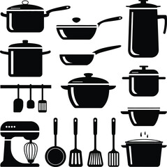 Collection of kitchenware silhouettes including pots pans mixer utensils and storage containers