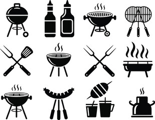 Barbecue grills sauces utensils and food icons set for outdoor cooking and grilling events