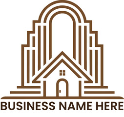 Modern geometric building logo design featuring arches and a house icon for real estate